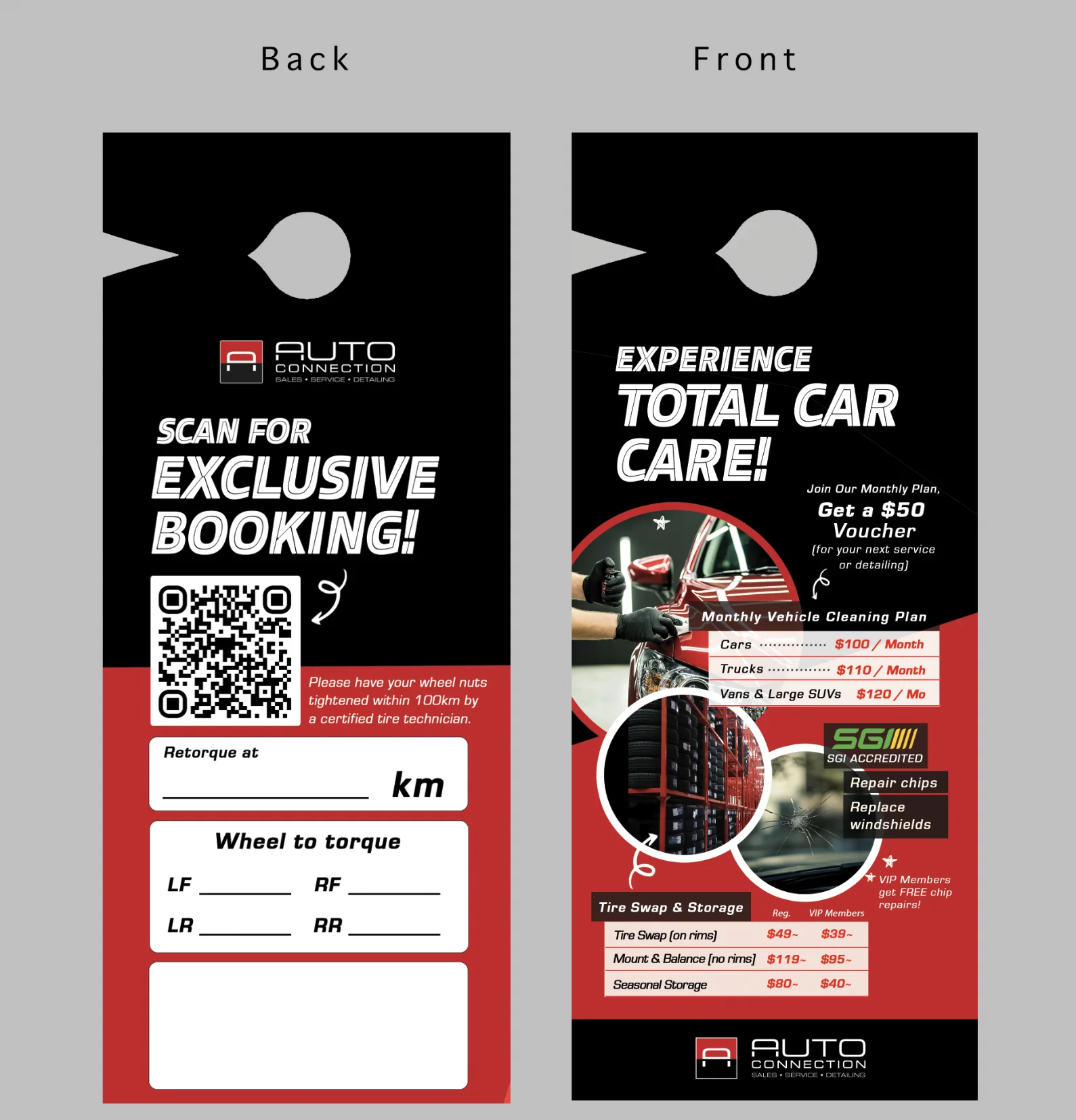 Car door hanger design, front and back with QR code