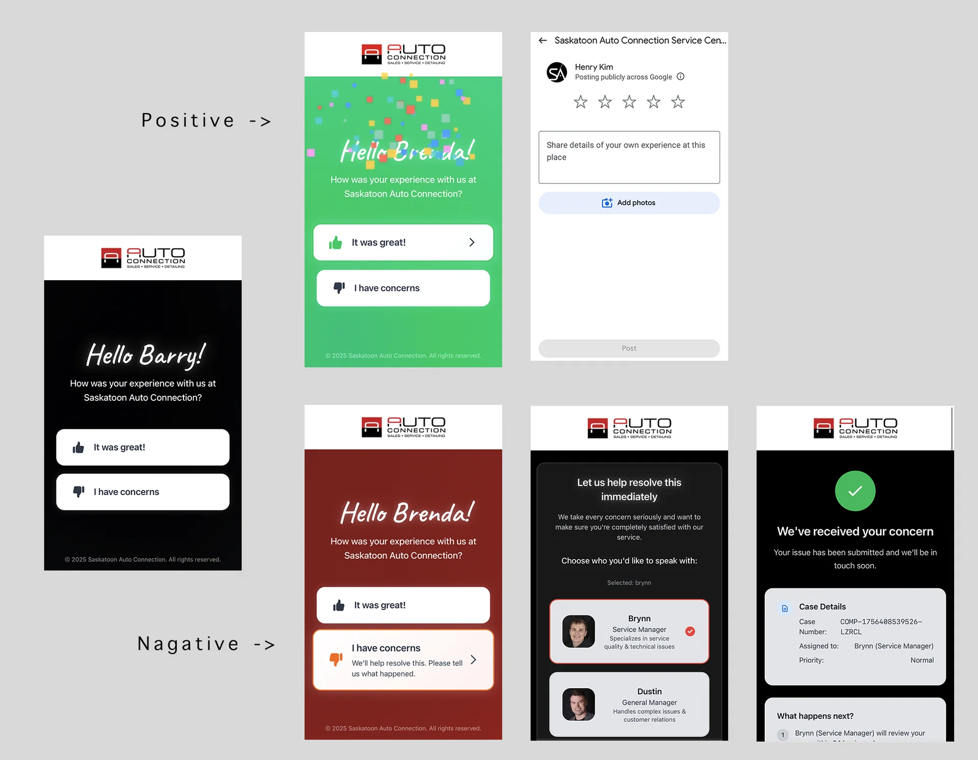 Customer feedback mobile UI mockups and flow