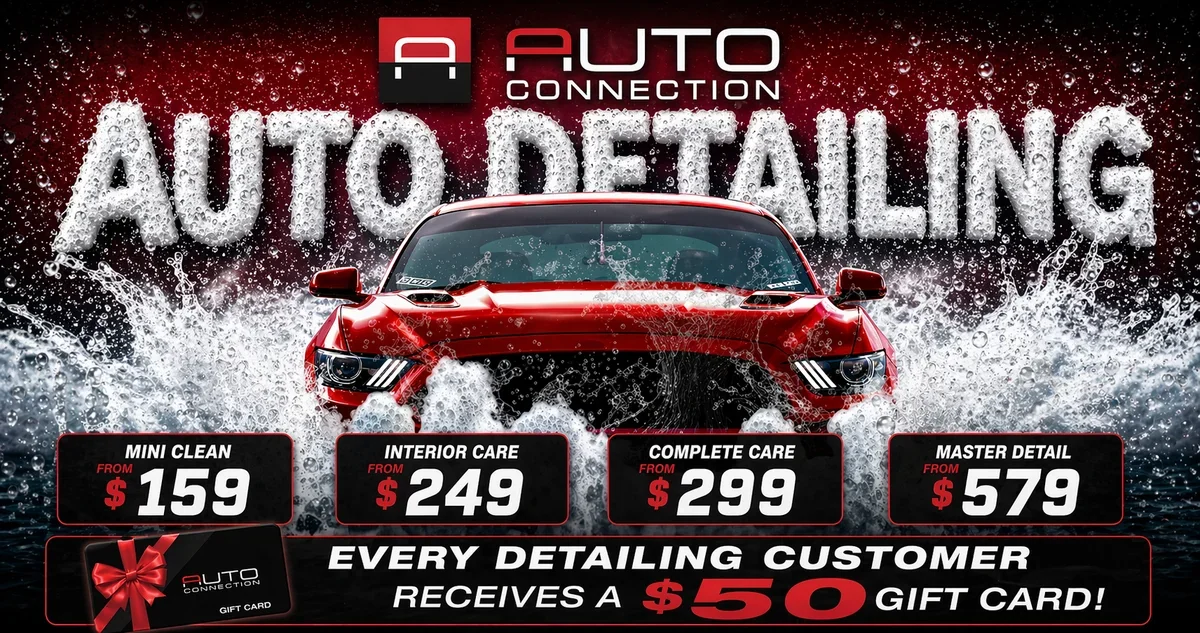 Auto detailing promo banner with red car and water splash