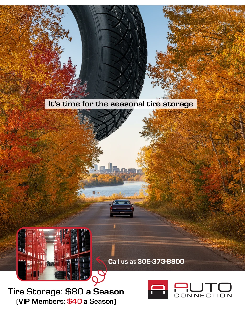 Seasonal tire storage ad with autumn landscape