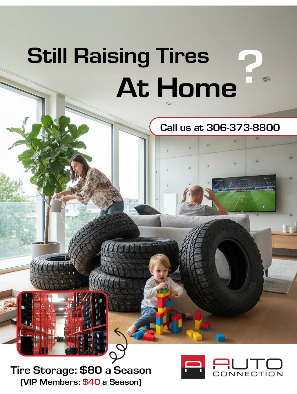 Tire storage ad set in a bright modern living room
