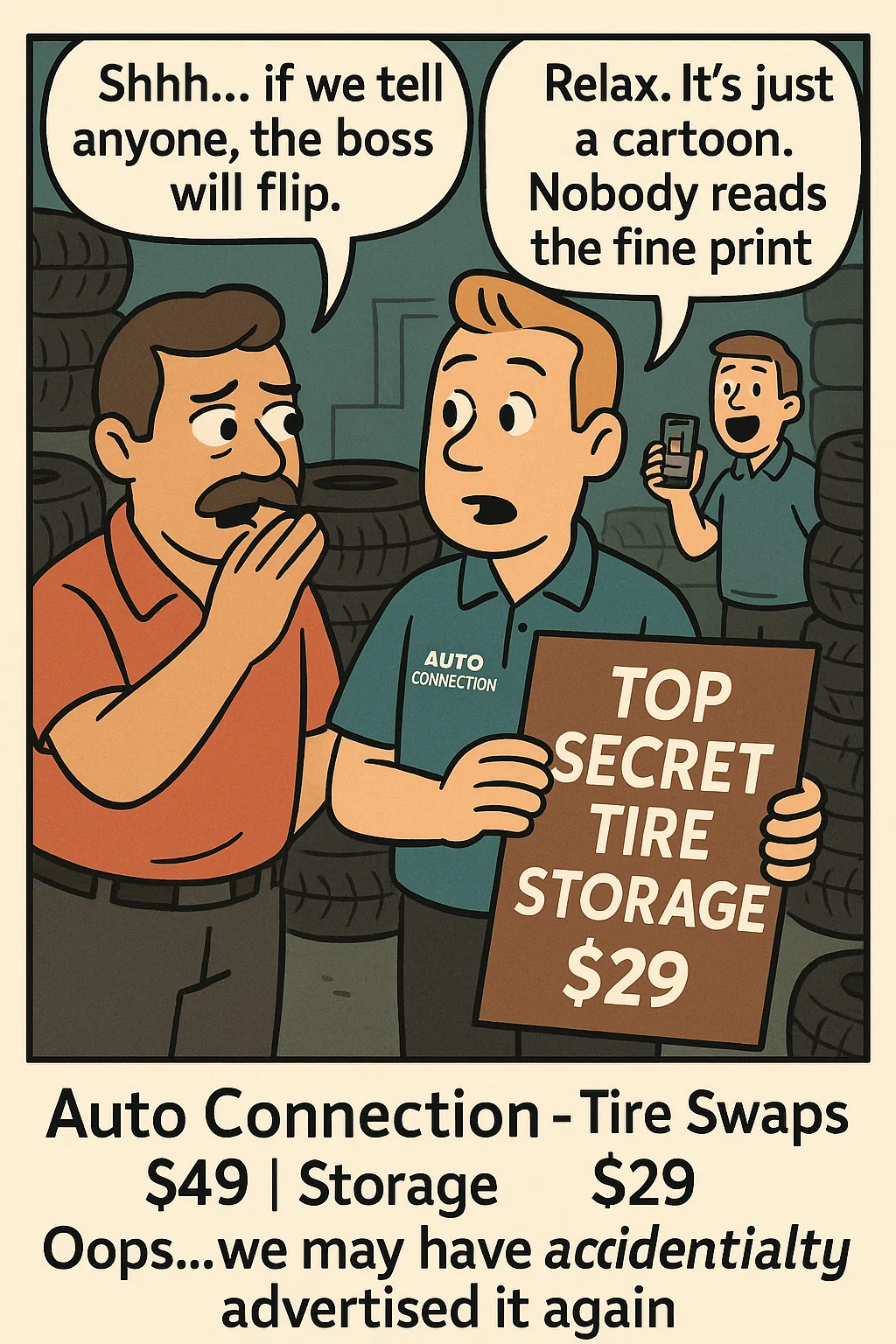 Funny comic illustration tire storage ad (EN/KO)