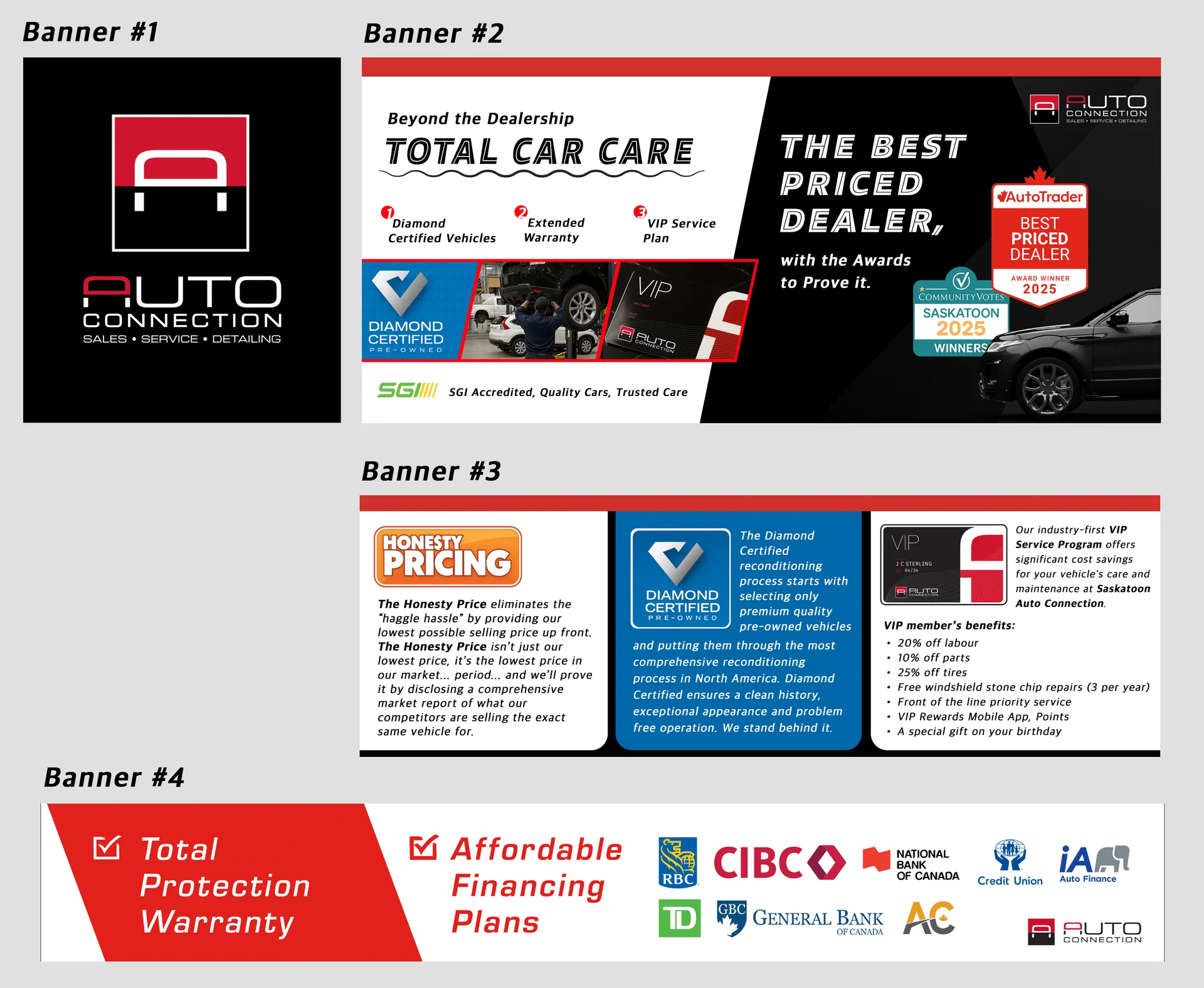 Four marketing banner designs (Sales, Service, Detailing)