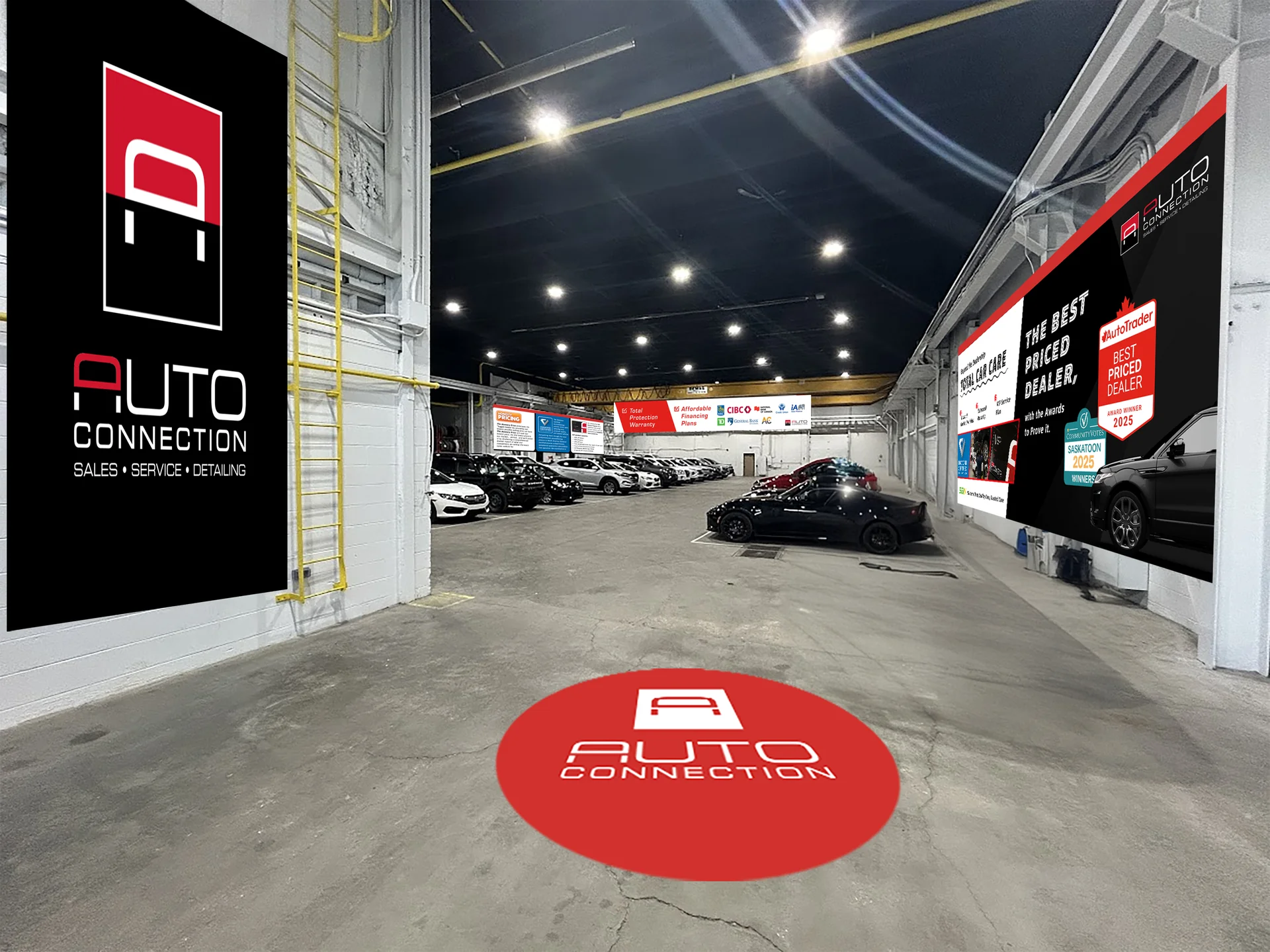 Dealership interior mockup with logo banner