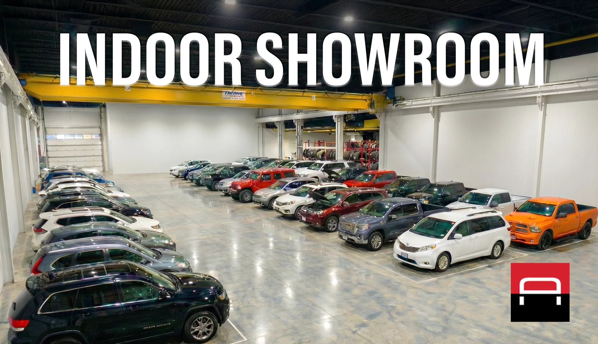 Indoor showroom photography with multiple vehicles