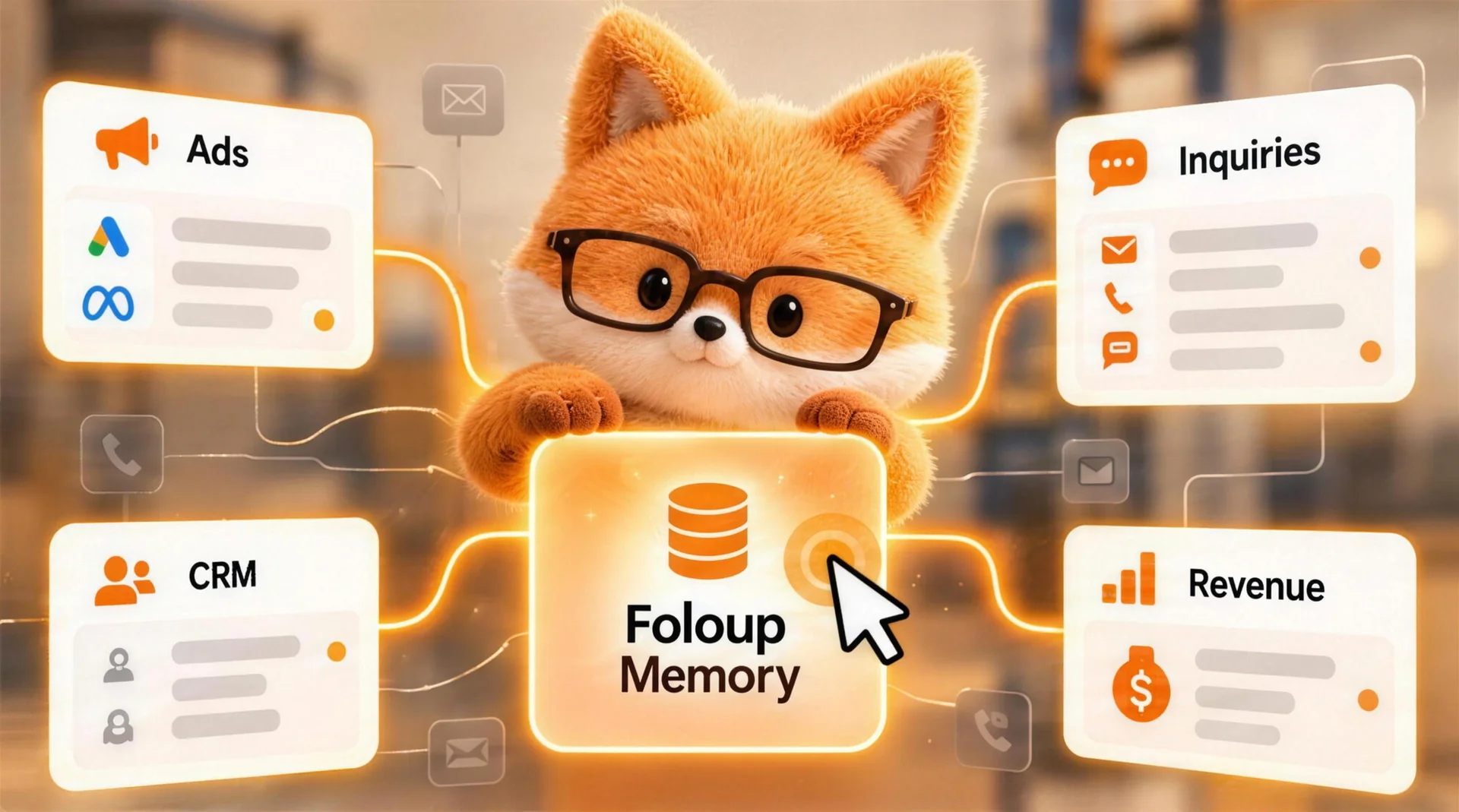 One shared memory: fox mascot connecting CRM, ads, inquiries and revenue