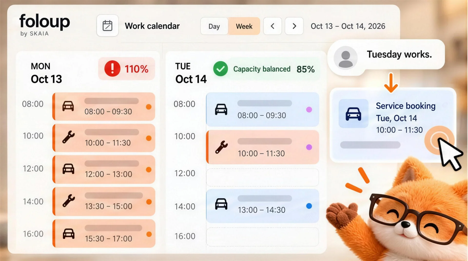 Work calendar: weekly schedule and service bookings with fox mascot