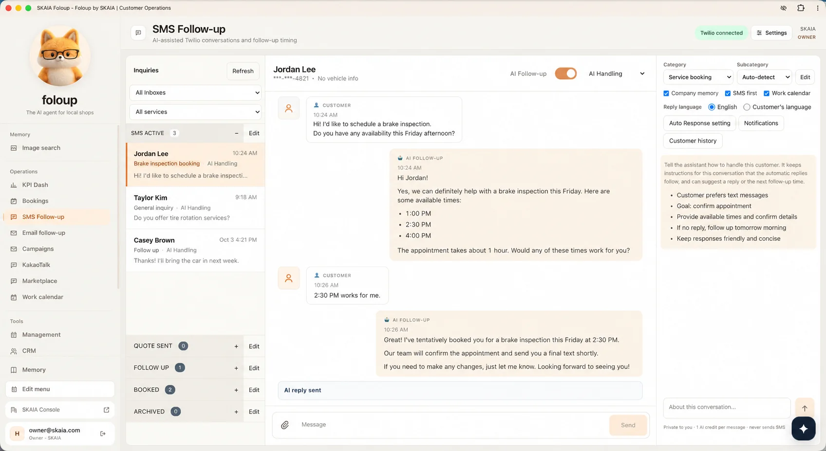 SMS follow-up dashboard with AI assistant