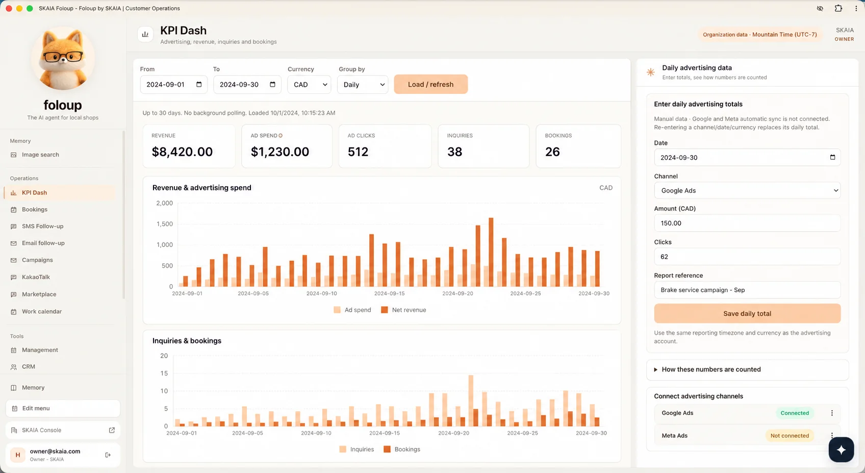 KPI Dash: inquiries, bookings and revenue analytics