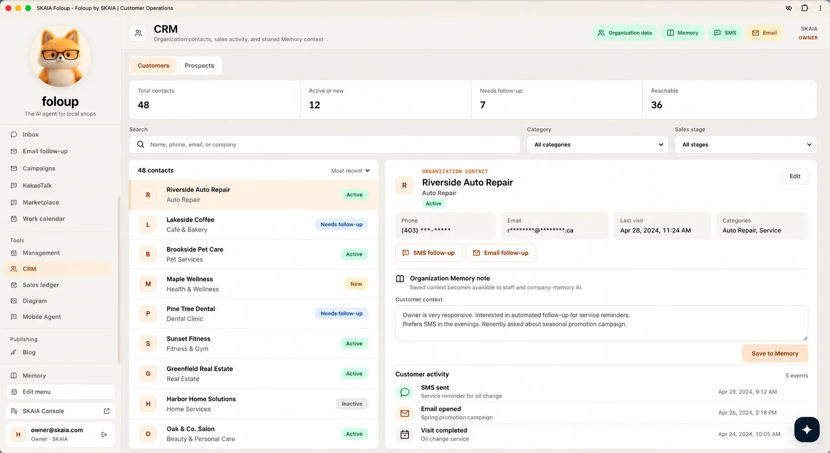CRM dashboard: customer operations for local shops